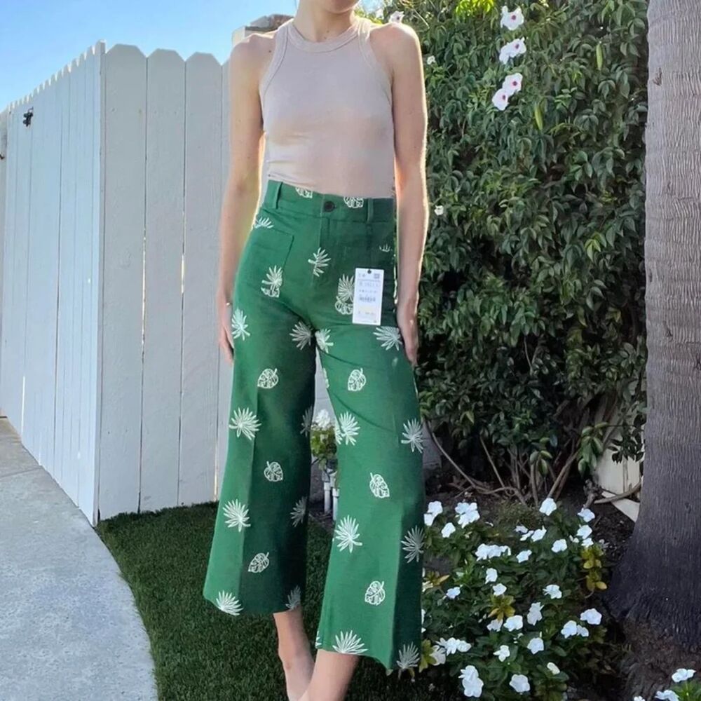 Zara | Green Khaki Wide Leg Embroidered Culottes Pants | S/XS
